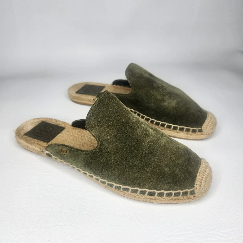 Tory Burch Olive Green Suede Espadrille Mules Slides 7M 55951 117